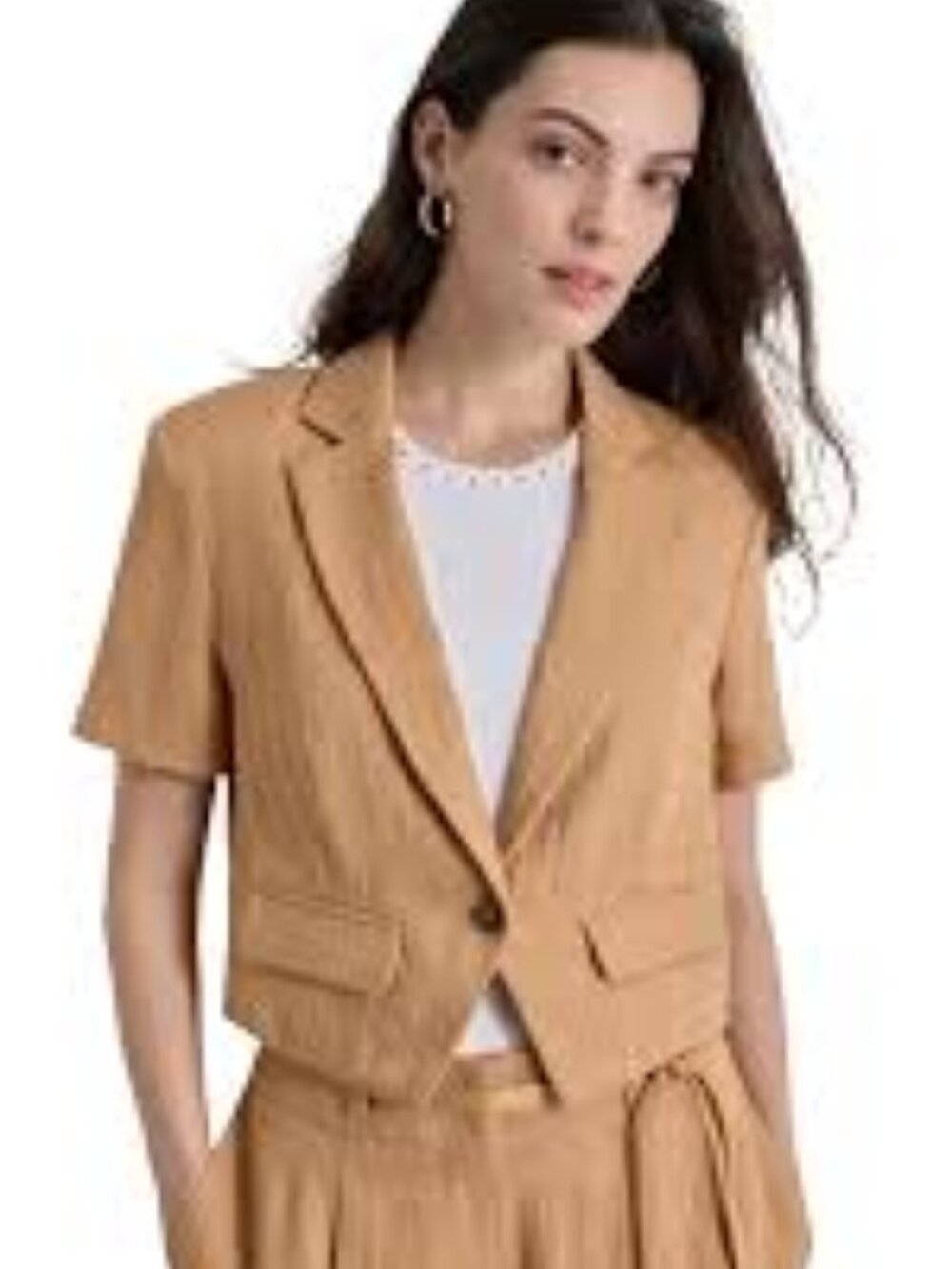 DKNY Cropped Single-Button Short Sleeve Blazer Tan Twill NWT Size S